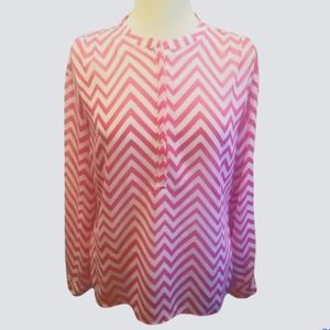 ANA Womens Top Size L Sheer Tab Sleeve Chevron Pullover Pink Blouse